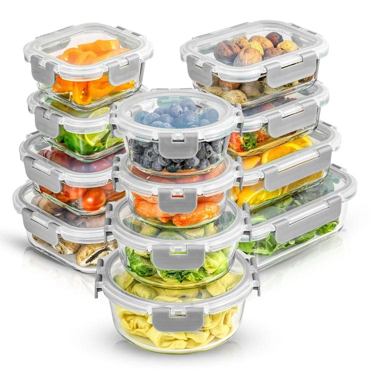 JoyFul 24 Piece Glass Food Storage Containers Set with Airtight Lids - Light Grey