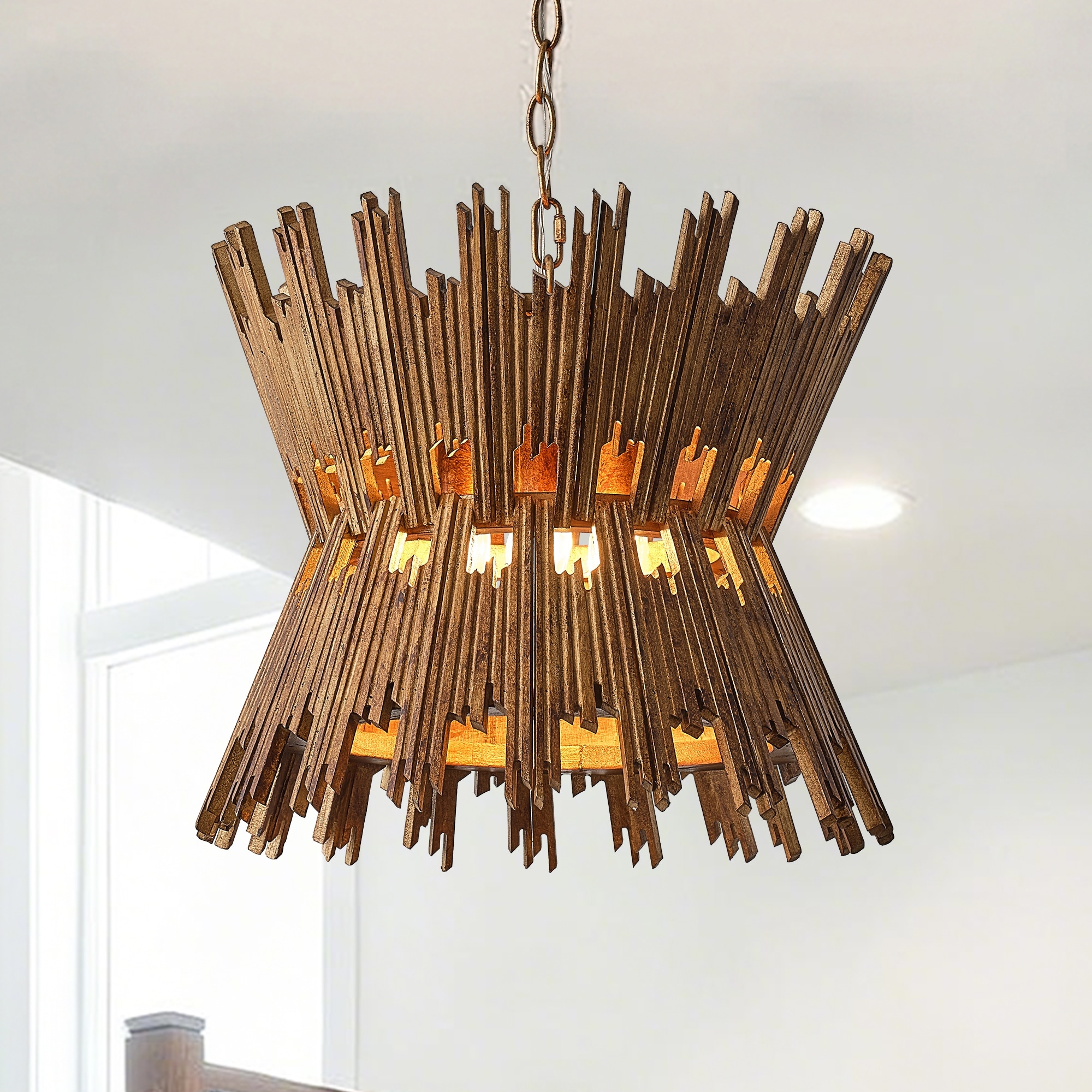 16" Retro Brass Wood Hourglass 4-Light Chandelier Geometric Metal Adjustable Pendant Light for Foyer