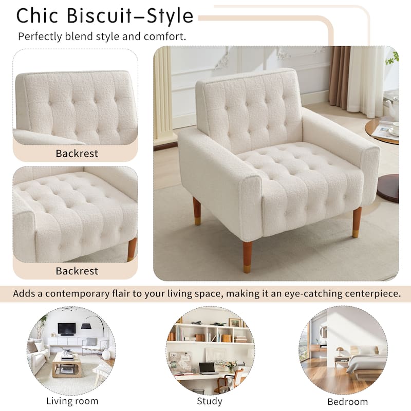 Living Room Chair Modern Biscuit Tufted Accent Chair with Solid Wood Legs and Armrests for Office, Bedroom, Reading Corner