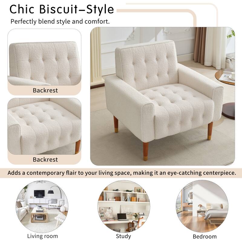 Roomfitters Classic Tufted Accent Armchair with Upholstered Fabric, Comfortable Armrests and Solid Wood Legs, Beige