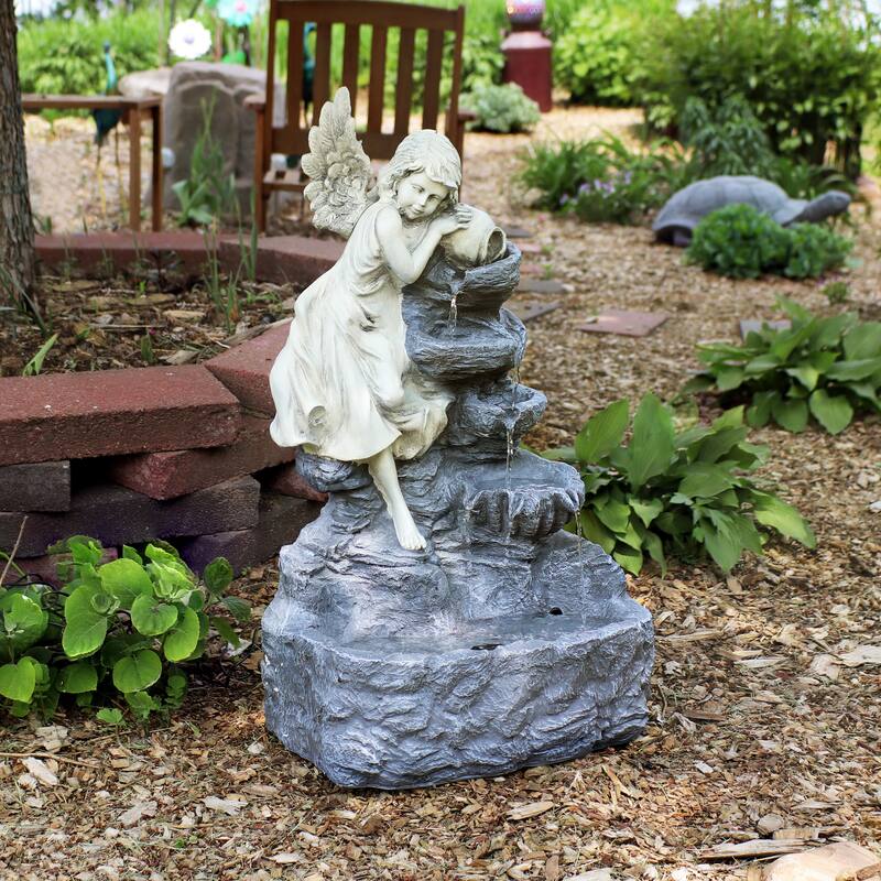 Sunnydaze Angel Falls Solar Outdoor Water Fountain w/ Battery 29" with LED Light