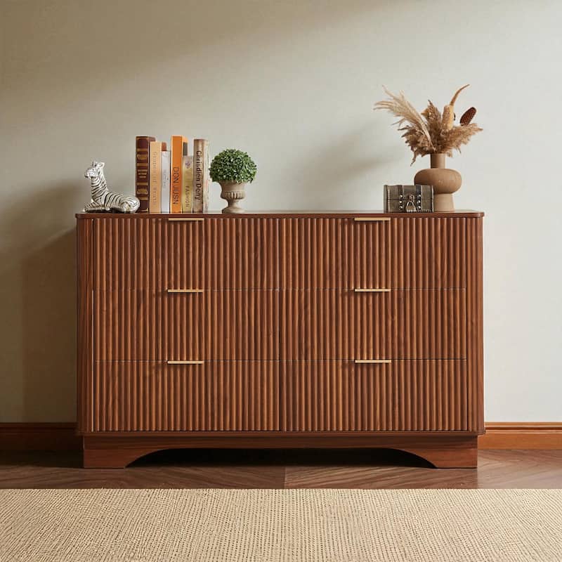 Modern 6 Drawer Dresser with Wave Front Design, Wide Storage Chest and TV Stand, 55" Wooden Organizer Cabinet - Walnut