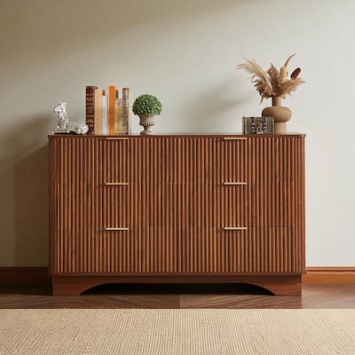Modern 6 Drawer Dresser with Wave Front Design, Wide Storage Chest and TV Stand, 55" Wooden Organizer Cabinet