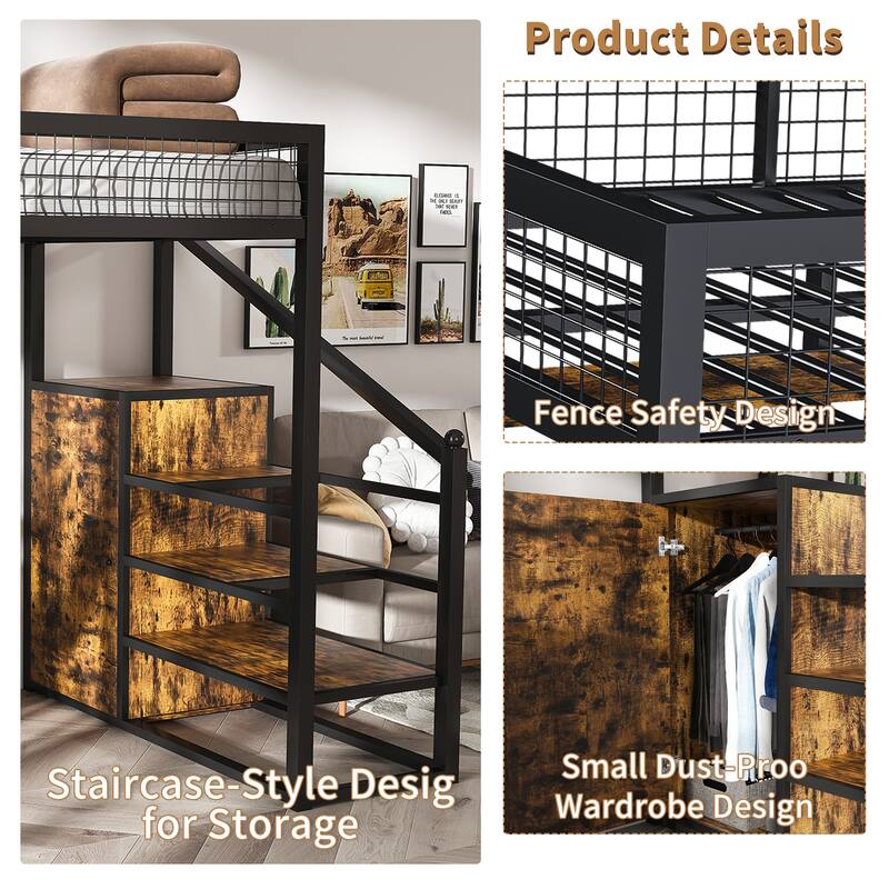 Full-Size Loft Bed /Desk & Wardrobe - Heavy Metal Frame, Built-In Staircase, Storage Rack & Shelves