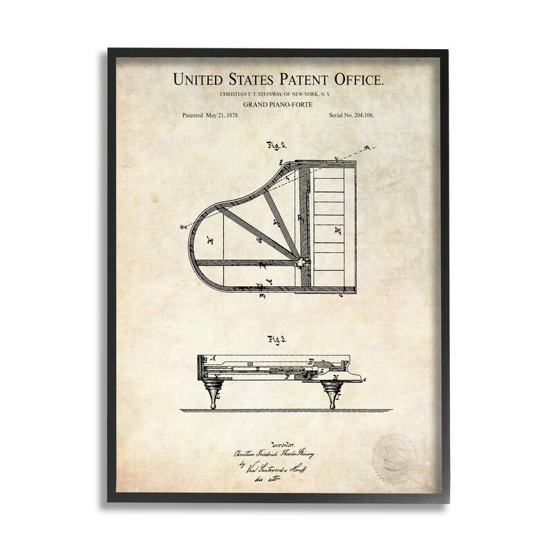 Stupell Grand Piano Detailed Vintage Diagram Blueprint Instrument Framed Wall Art - Beige