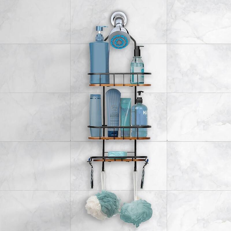 Utopia Alley Rustproof Teak Overhead Shower Caddy Organizer with 3 Shelves - Includes Shower liner and shower hooks, Black