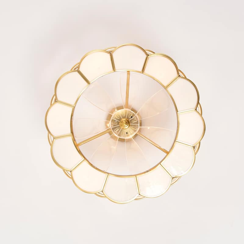 Lighted Ceiling Fan 6-Light Fandelier Brass Trim Opaque Glass Ribbon Weave Shade Remote Control