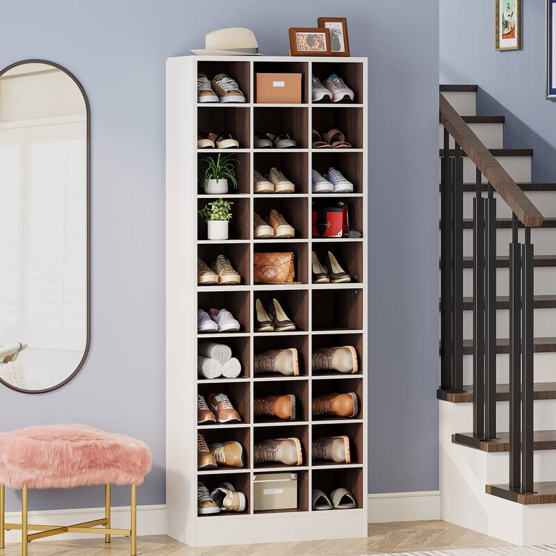 70.9 Inches Tall Wood Shoe Storage Cabinet with 30 Cubbies - 10-tier - White and Brown