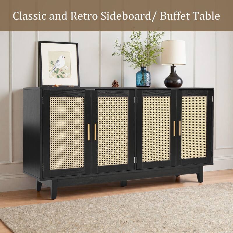 Wood TV Stand for up to 60" TVs with Four Rottan Doors