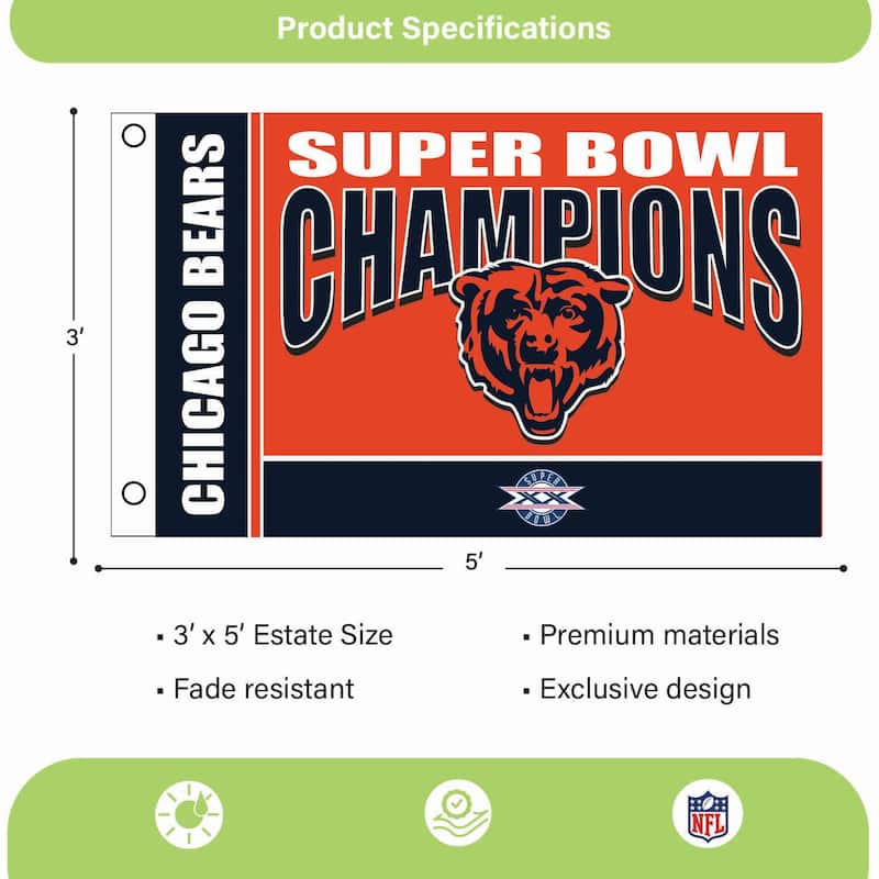 Chicago Bears Single Sided Flag w/ 2 Grommets, 3'x5'