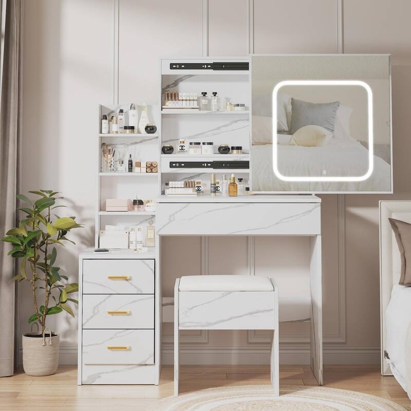 Vanity Desk with Sliding Mirror, Charging Station, 4 Drawers, Shelves, Stool - Marble White