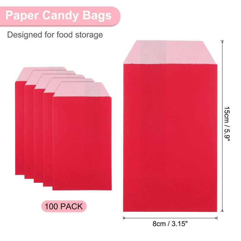 100Pcs Kraft Paper Treat Bags, 6" x 3" Candy Flat Favor Bags - Red