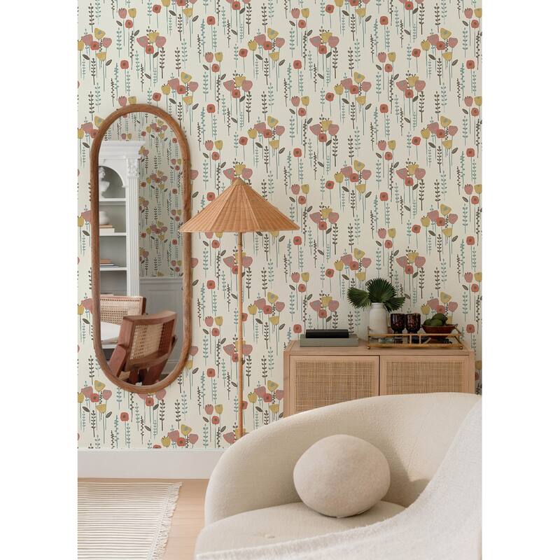 A-Street Prints Mabel Coral Floral Field Wallpaper