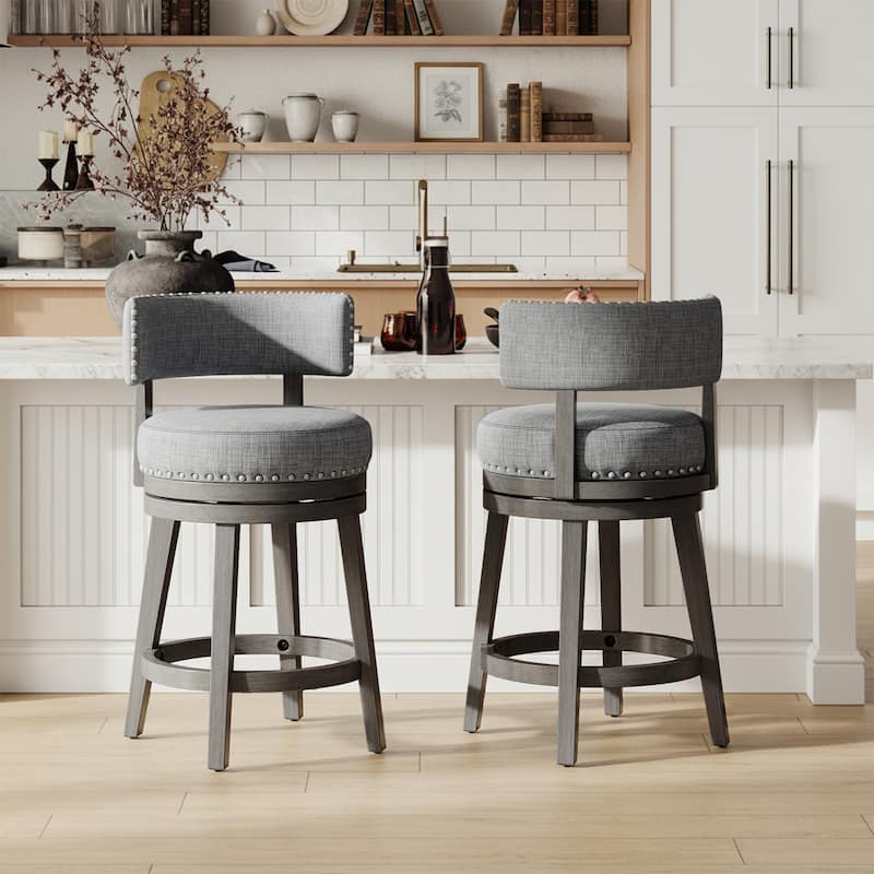 Modern Velvet Swivel Bar Stool - 25" or 30" Counter Height with Adjustable Footrest & Walnut Base, for Kitchen Islands - Set of 2 - Grey - Counter Height
