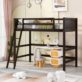 Twin Size Wooden Loft Bed Frame with Ladder and Safety Guardrails Space Saving Design