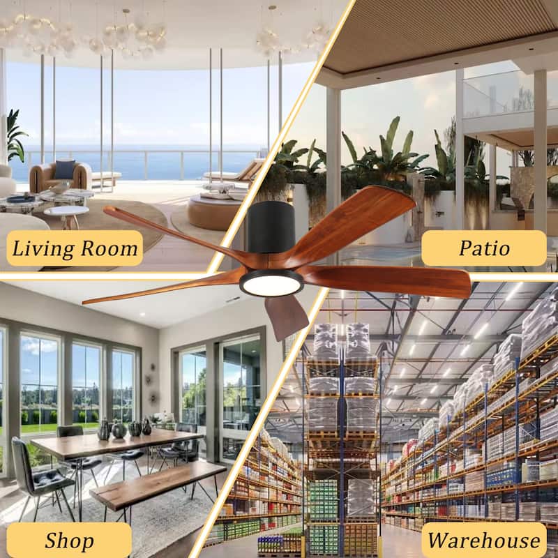 60" Ceiling Fan with Light, Flush Mount, 5 Solid Wood Blades, Quiet Reversible DC Motor, APP & Remote Control - Natural Wood