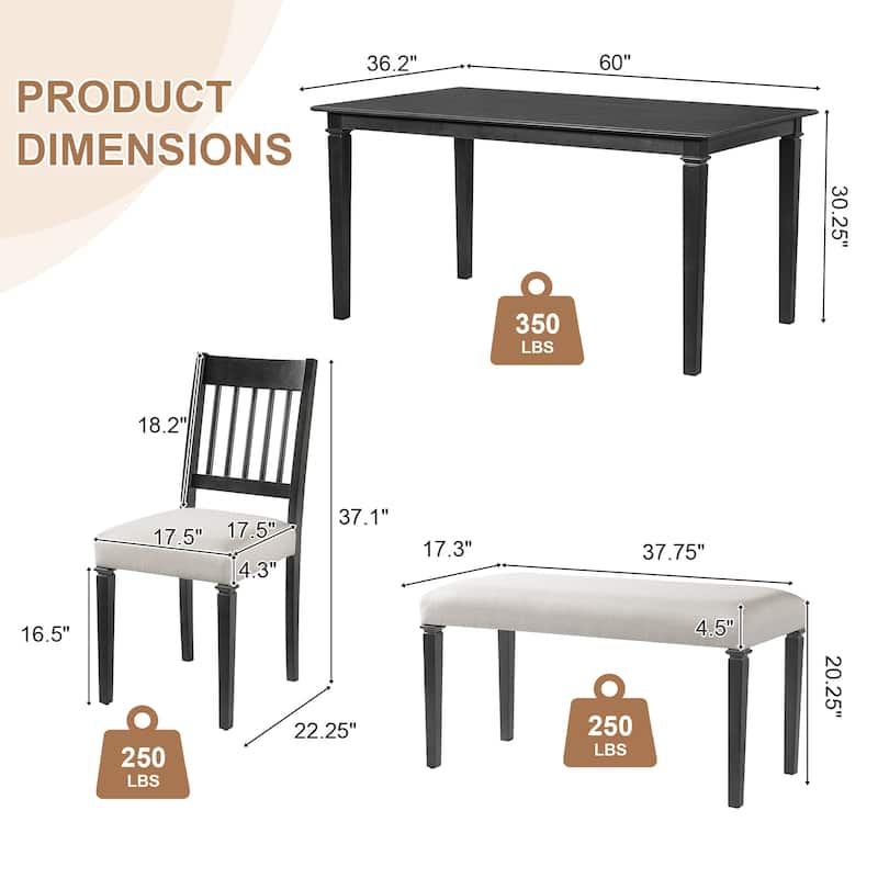 6-Piece Retro Dining Room Set, Classic Kitchen Furniture Set, Wooden Rectangular Table and 4 Chairs with Bench