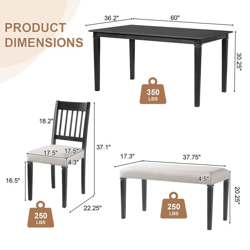 6-Piece Retro Dining Room Set, Classic Kitchen Furniture Set,Wooden Rectangular Table And 4 Chairs With Bench