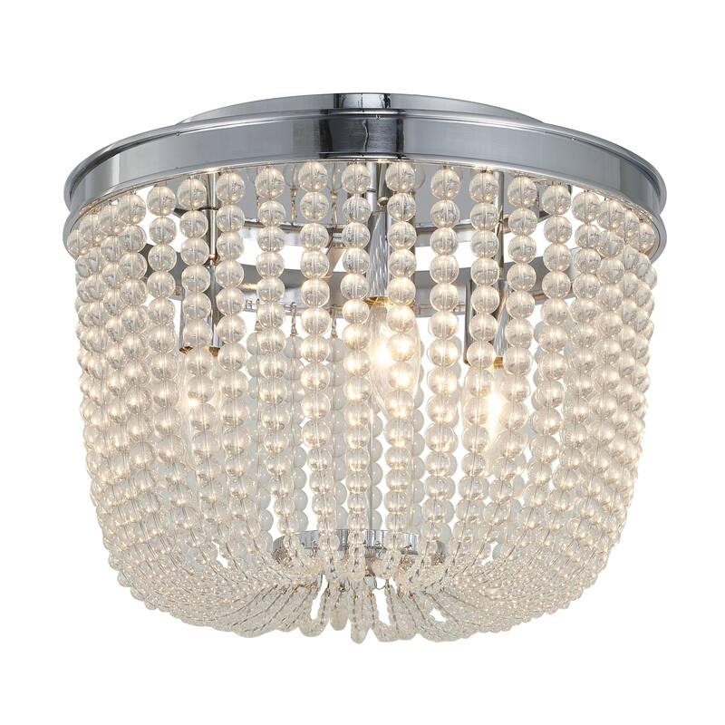 3-Light Gold Semi Flush Mount With Clear Glass Beads