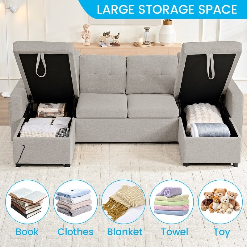 98"W 4-Seater Modular Sleeper Sofa Bed with Storage Chaise,U-shaped Sofa with Pull-out Bed