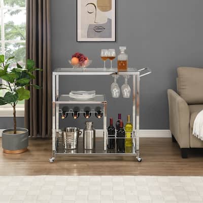 Contemporary Chrome Bar Serving Cart Silver Modern Glass Wine Storage