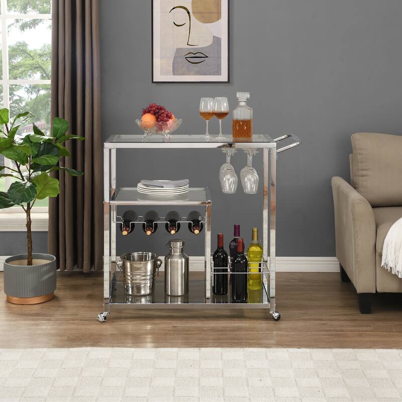 High Quality Chrome Bar Cart Modern with Glass Shelves and Wine Rack