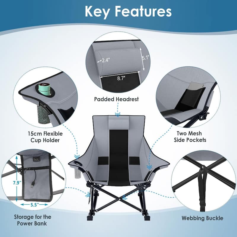 Oversized Heated Camping Chair, Rocking Camping Chair Portable Folding Heated Chairs, Grey&Black, Power Bank Not Included