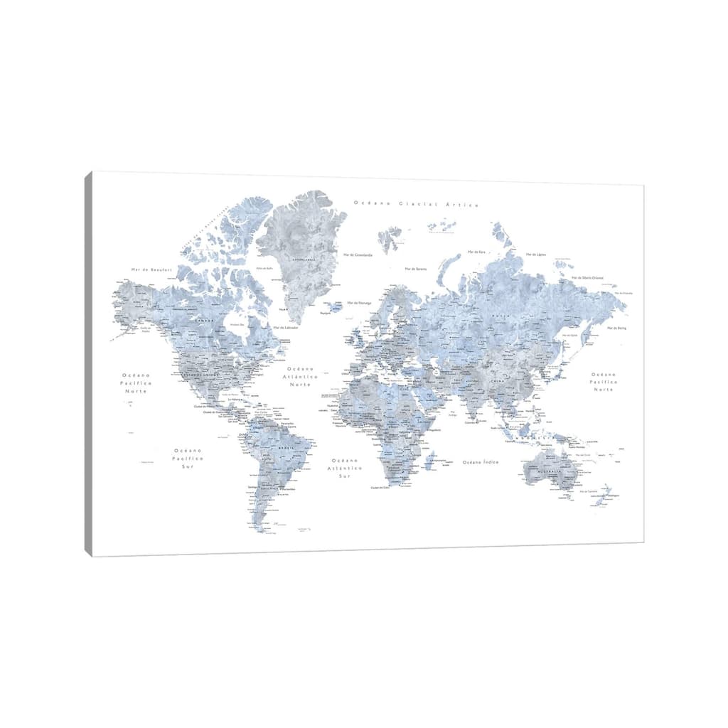 iCanvas "Labels In Spanish Blue And Grey World Map" by blursbyai Canvas Print