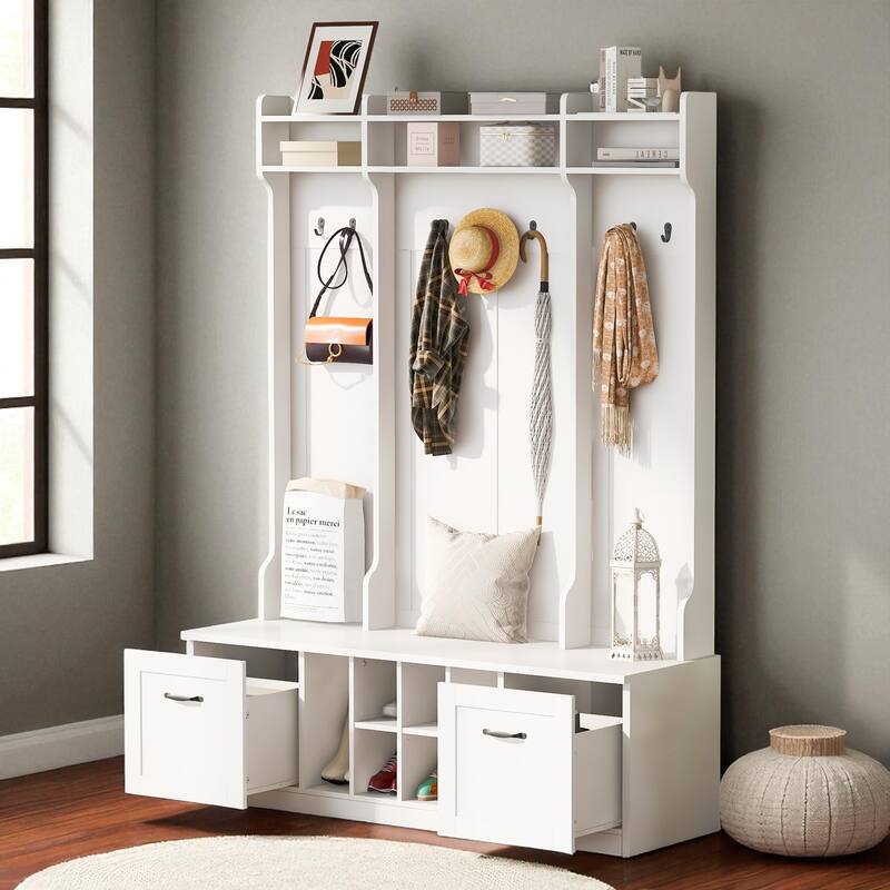 58.8 in Wide Hall Tree with Bench, 7 Hooks, 2 Drawers, Adjustable Shelves, Entryway Coat Rack Organizer, 76.7 in H - White