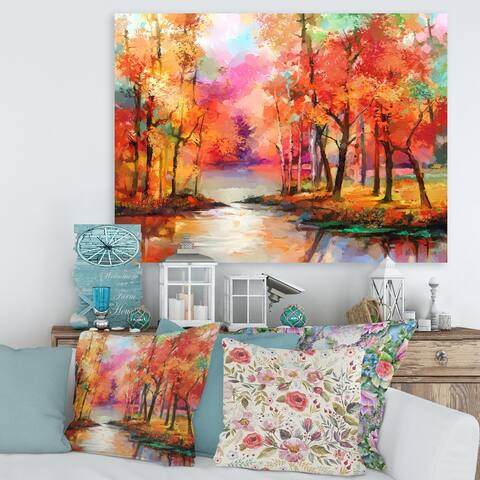 Designart "Colorful Autumn Trees By The Lake In Autumn" Modern Canvas Wall Art Print