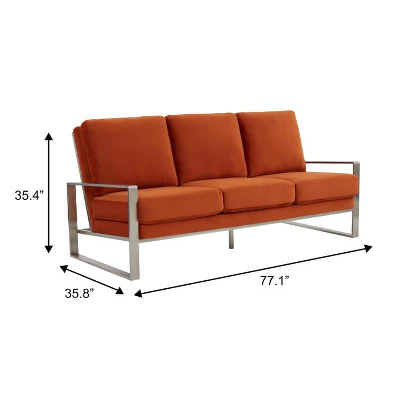 Jefferson Velvet Upholstered 3 Seater Sofa with Silver Metal Frame with Removable Cushion for Living Room, Bedroom, Office