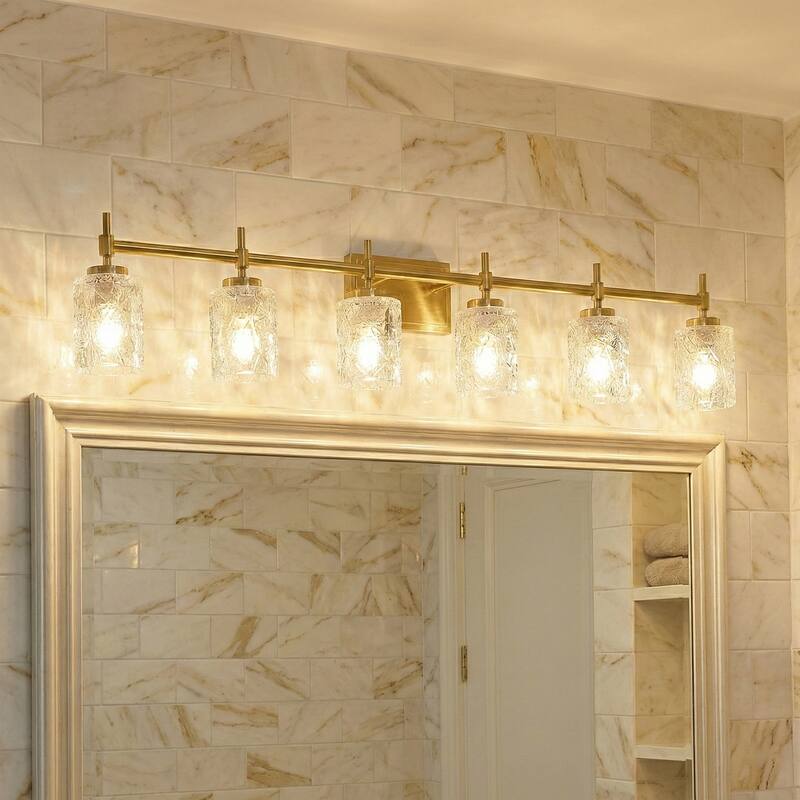 Acroma Dimmable Bathroom Vanity Light with Water Ripple Clear Shade - 6-light - Satin Brass