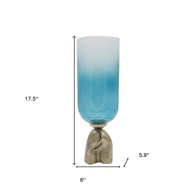 18" Blue White And Gold Ombre Glass And Aluminum Pedestal Table Vase - 8.00