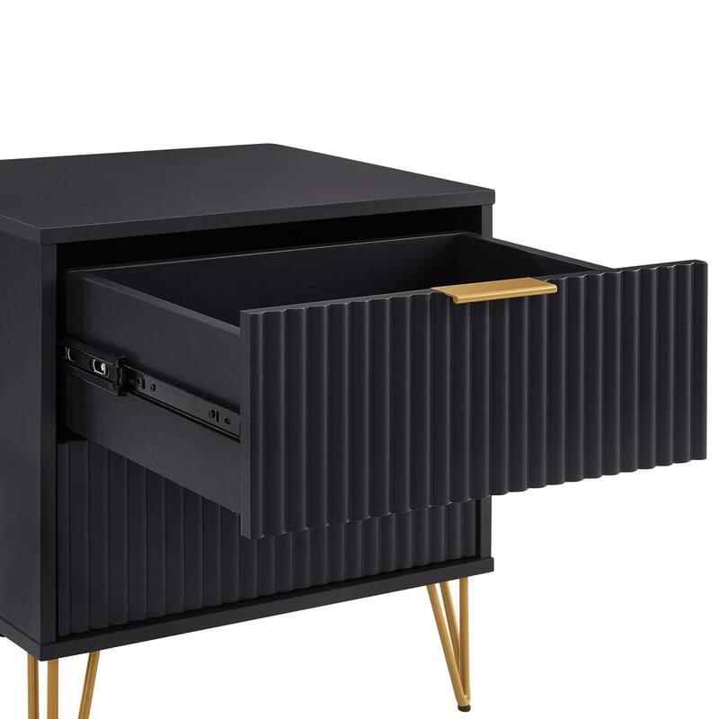20-Inch Fluted Nightstand in Black with 2 Drawers, Gold Handles, and Splayed Legs
