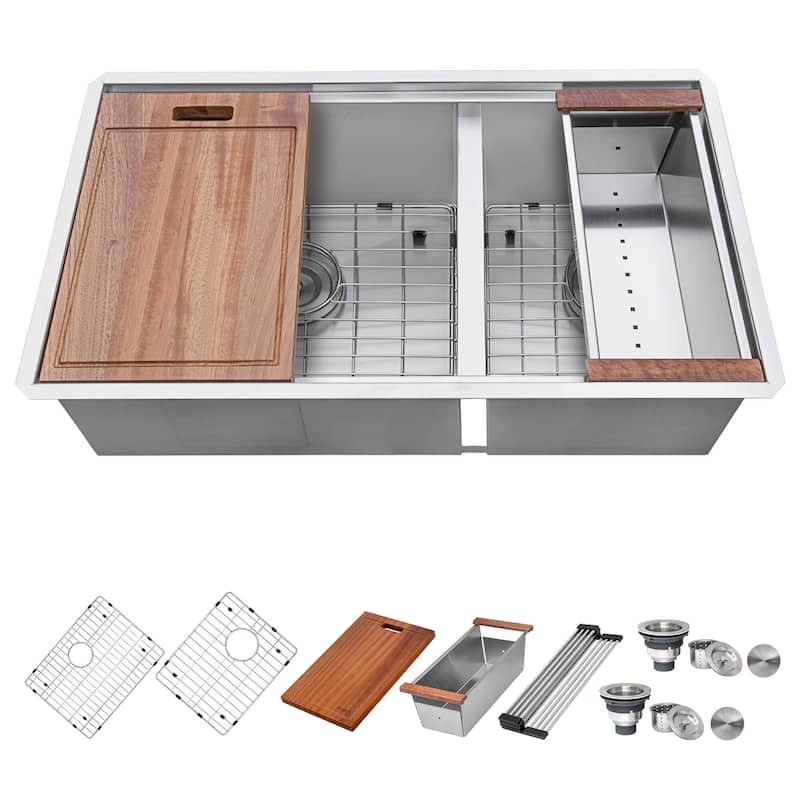 Ruvati 36-inch Workstation 60/40 Double Bowl Undermount 16 Gauge Stainless Steel Kitchen Sink - 36" x 19" - 36" x 19″