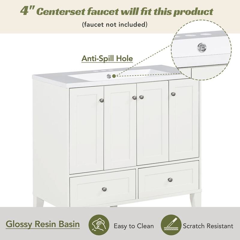 36'' Bathroom Vanity with Sink Set, Solid Wood Frame Bathroom Storage Cabinet, Freestanding Vanity Set