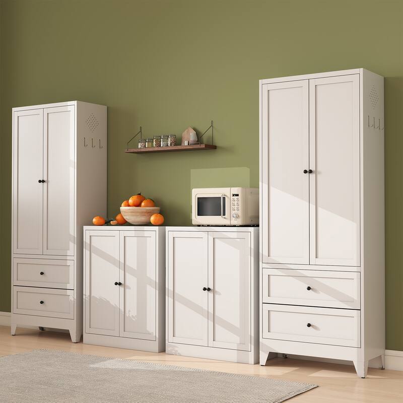 34.6" White Metal Pantry Cabinet with Adjustable Shelves - Freestanding Kitchen Storage Organizer with Easy-Grip Handles