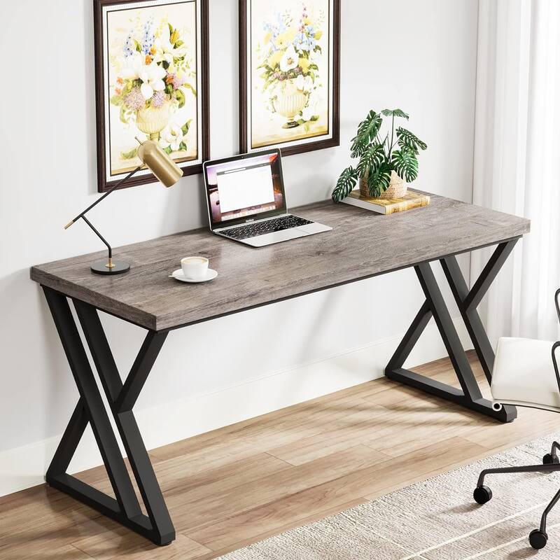 55" Modern Writing Desk with Z-Shaped Metal Legs, Heavy Duty