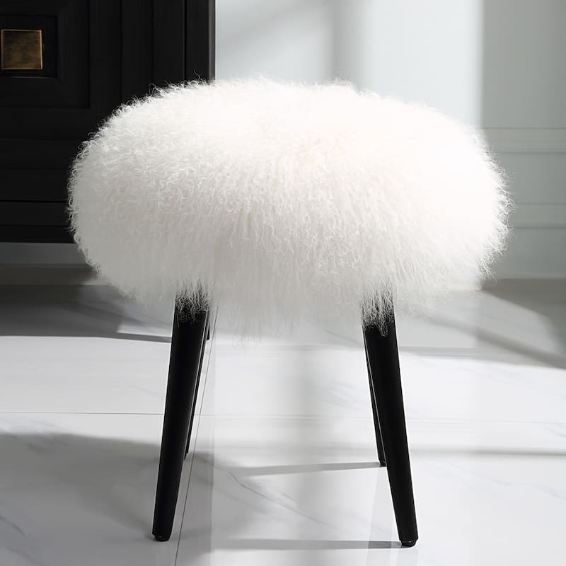 Sheepskin Accent Stool With Tapered Legs 18.5" Matte Black and White