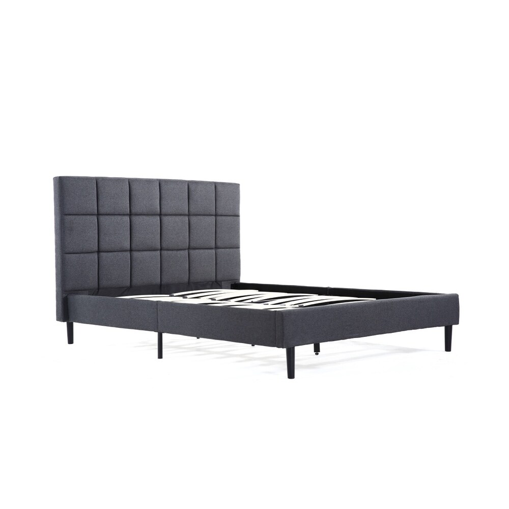 Overstock Belleze Full Size Bed Frame Scallop Tufted Upholstered Headboard Wood Flat Supports Platform Bed Frame Dark Grey / Cream (Black)