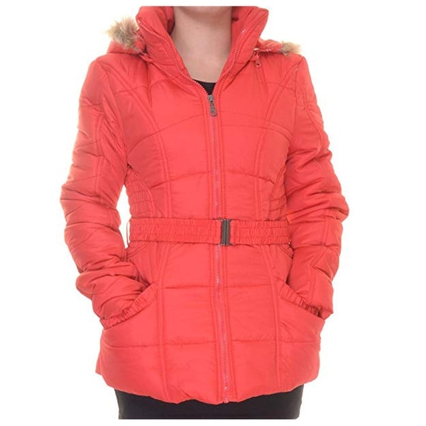 Rampage Faux-Fur-Trim Belted Puffer Coat, Red, Small. Opens flyout.