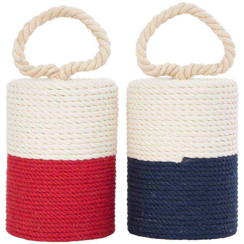 Cream Cotton Fabric Coiled Colorblock Buoy Sculpture with Red and Blue Bases (Set of 2)