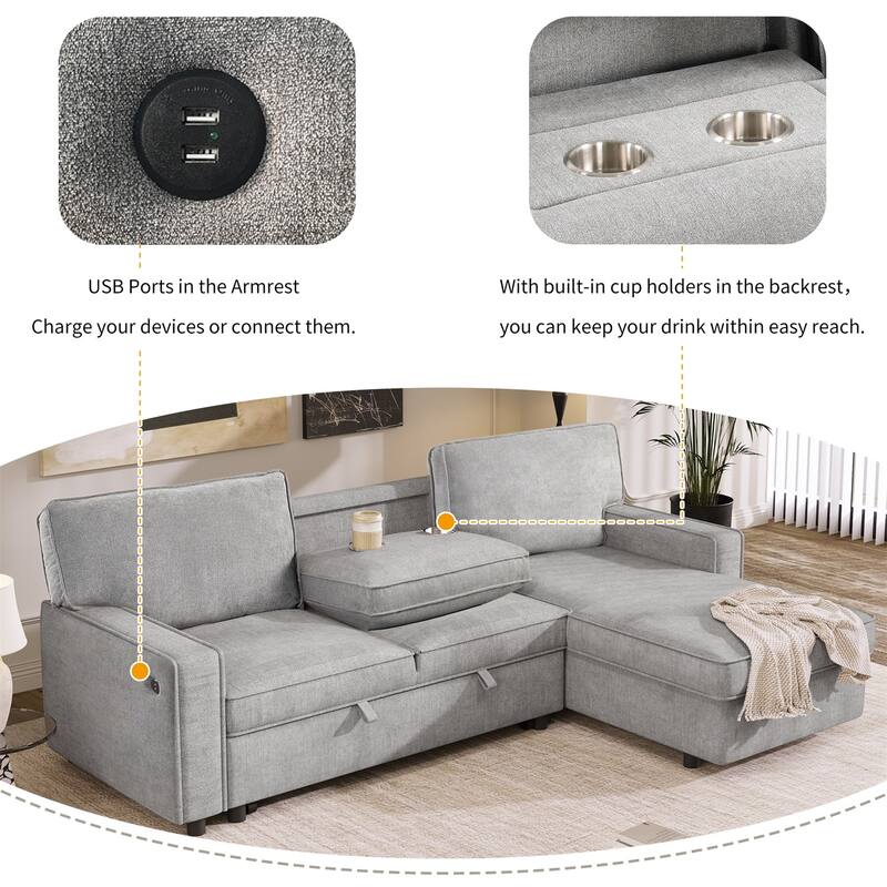 Merax Upholstery Sleeper Sectional Sofa with Storage Space, USB port