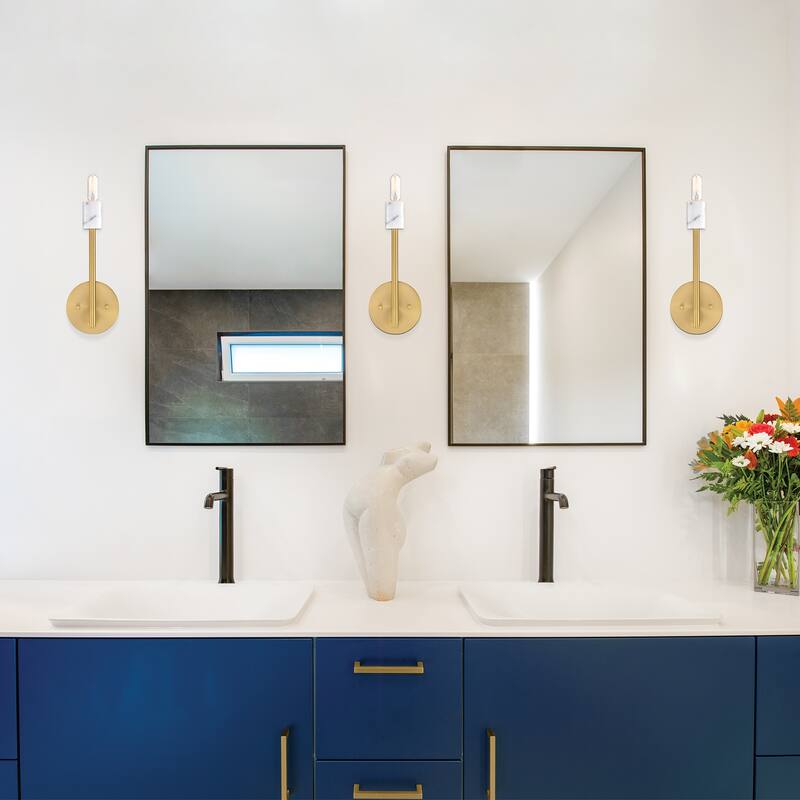 Star Dust 5.25 in. 1-Light Brushed Gold Wall Sconce Light with Natural Marble Accent for Bathrooms