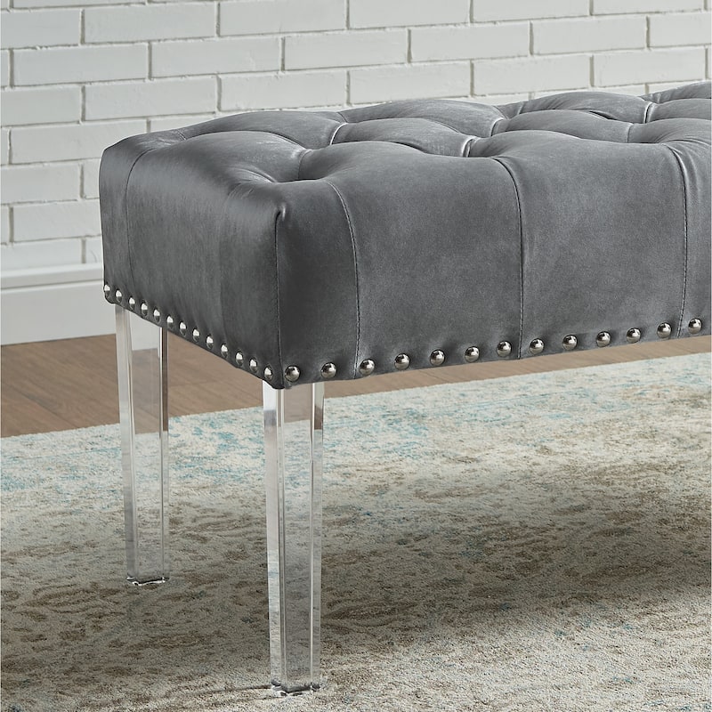 Valley Button Tufted Velvet Upholstered Bench with Acrylic Leg, Blue