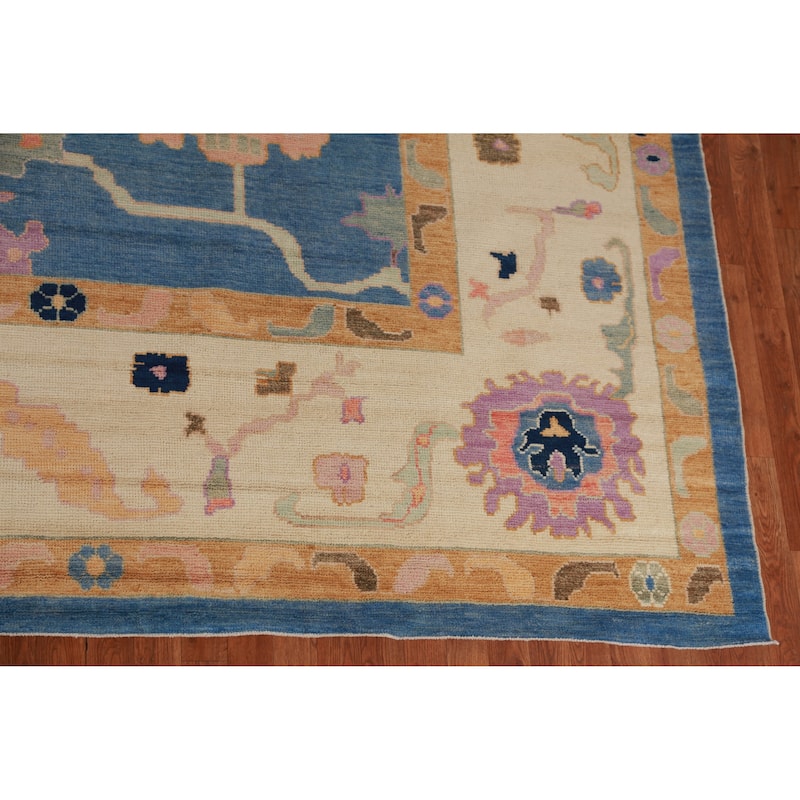 Hand Knotted Oriental 100% Wool Carpet Transitional All-Over Navy Blue & Blues Oushak Area Rug - 15' 7'' X 12' 3''