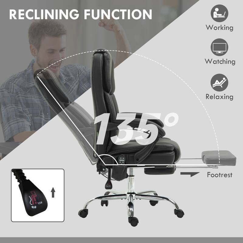 PU Leather Massage Office Reclining Chair with 6 Vibration Points, Heated, Adjustable Height, Footrest