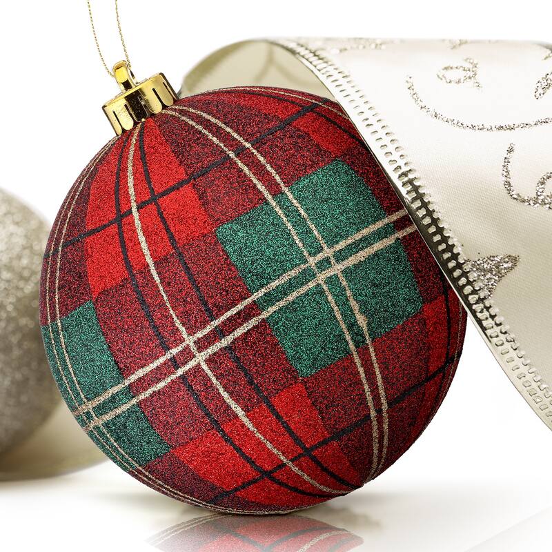 140mm Vp Glitter Plaid Ball Ornament Box of 2
