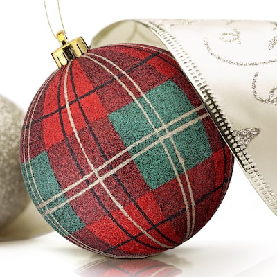140mm Vp Glitter Plaid Ball Ornament Box of 2