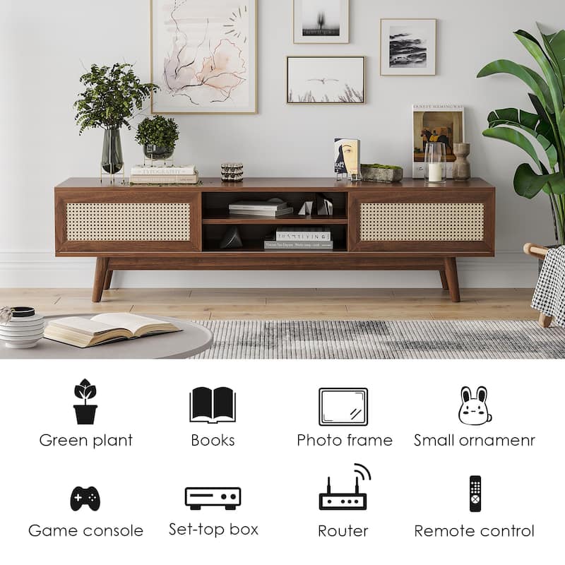 Rattan TV Stand for TVs, Wood TV Stand Mid Century Modern TV Stand TV Media Console with Drawer and 2 Cabinets